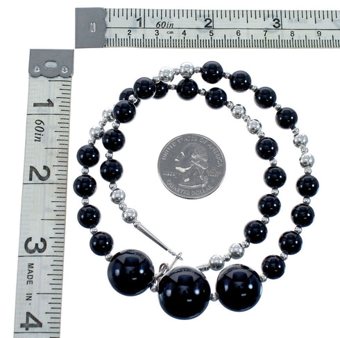 Native American Onyx Sterling Silver Bead Necklace AX128067